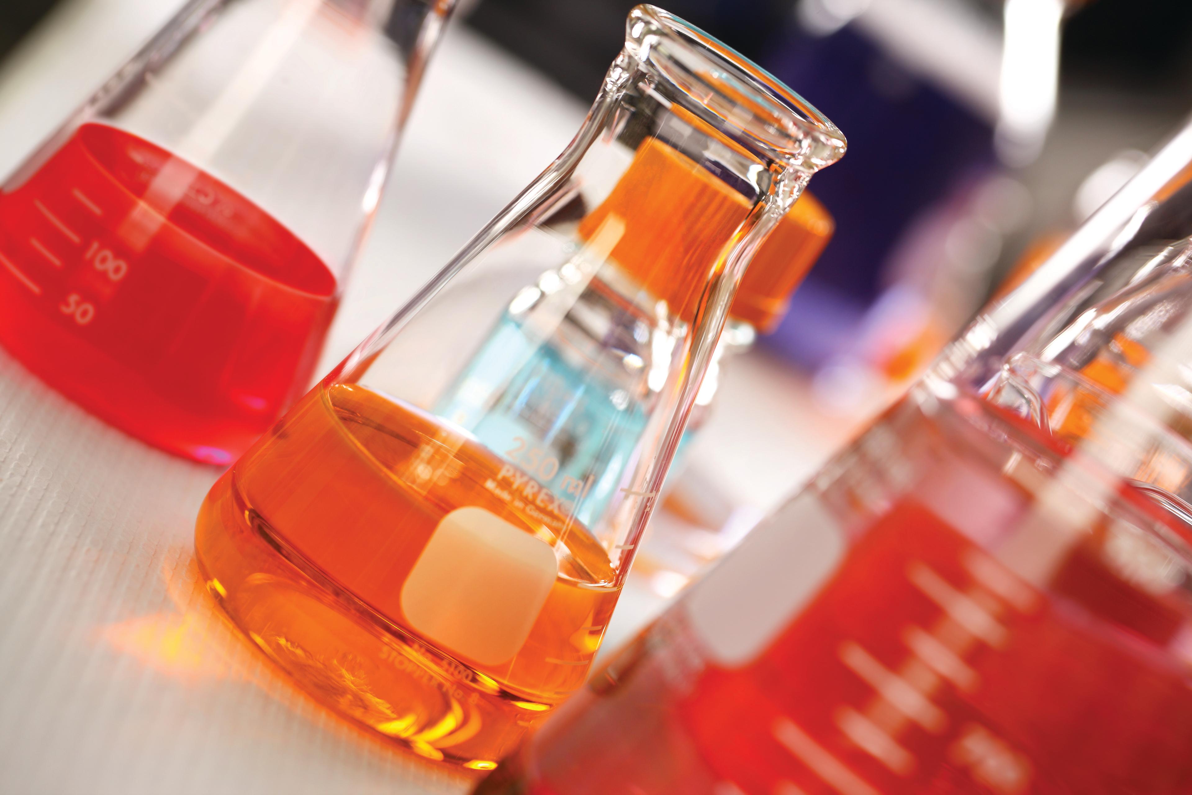 Laboratory flasks with colored liquids used in fundamental research