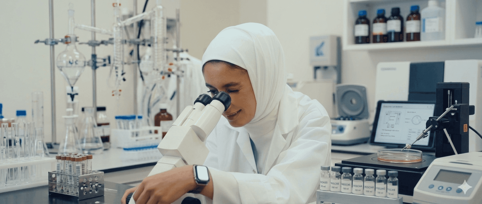 Young researcher working with a microscope in a laboratory